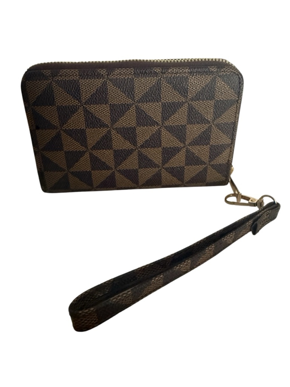 Compact Brown Geometric Wristlet Wallet 6”by 4” coin, card cash Zip closure New